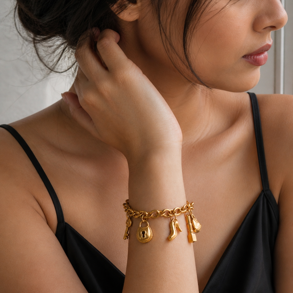 Gold Fashion Charm Bracelet - Dainty Lipstick & High Heel Link Chain