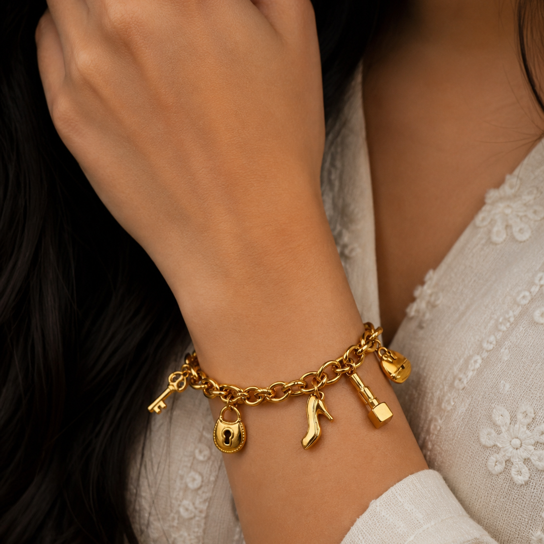 Gold Rope Chain Charm Bracelet - Vintage Perfume & High Heel Jewelry