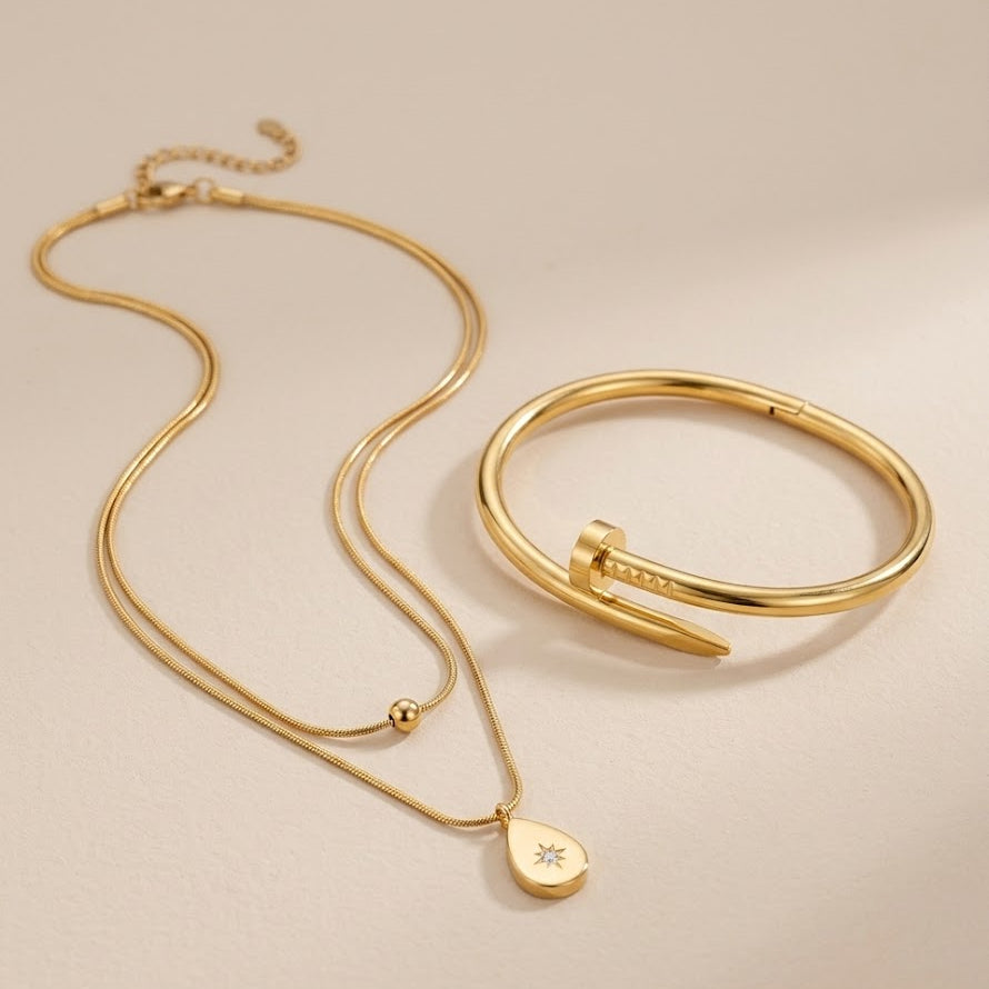 Minimalist Gold Layered Pendant Necklace & Nail Bangle Bracelet Set