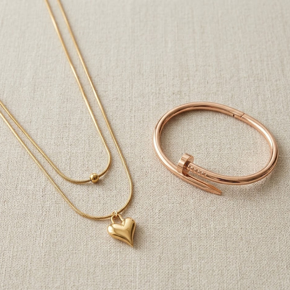 Gold Heart Layered Necklace with Rose Gold Nail Bangle Bracelet Set