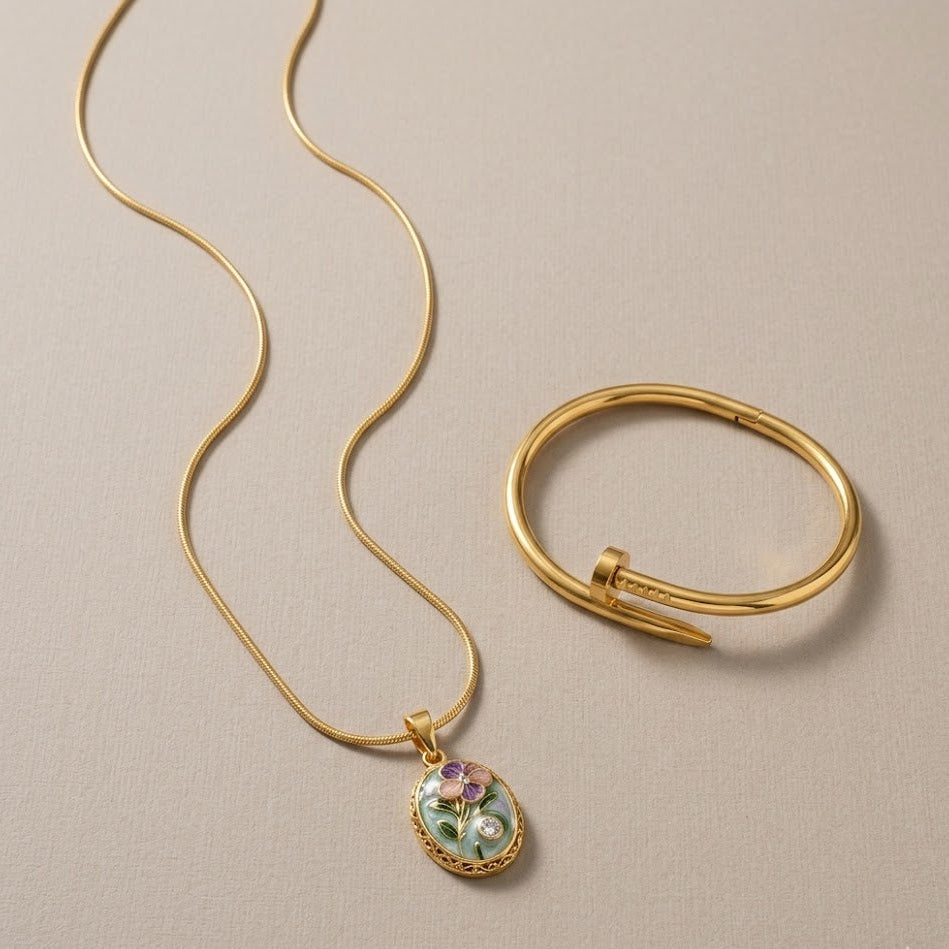 Floral Gold Pendant Necklace & Nail Bracelet Combo Set