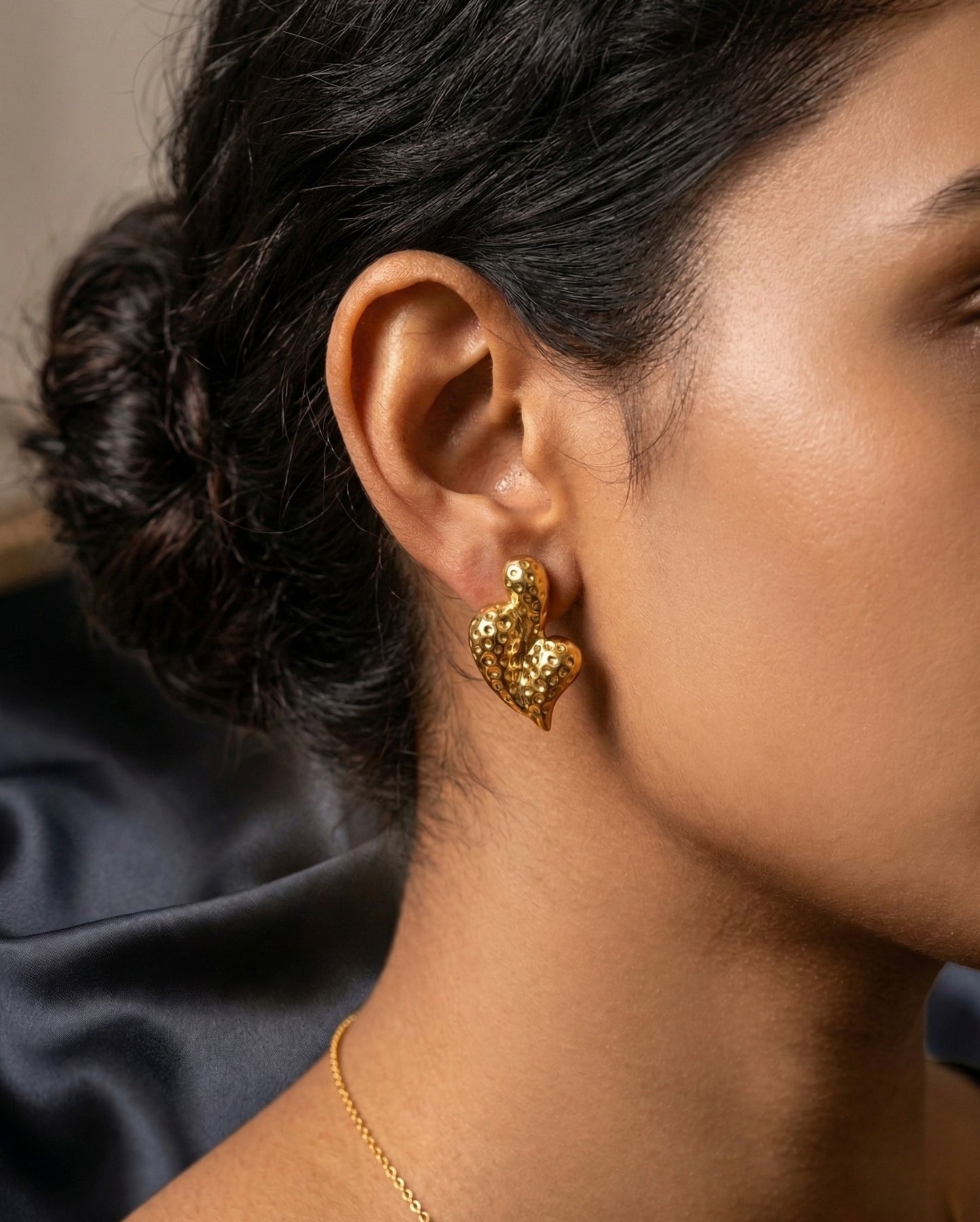 Gold Textured Heart Statement Stud Earrings