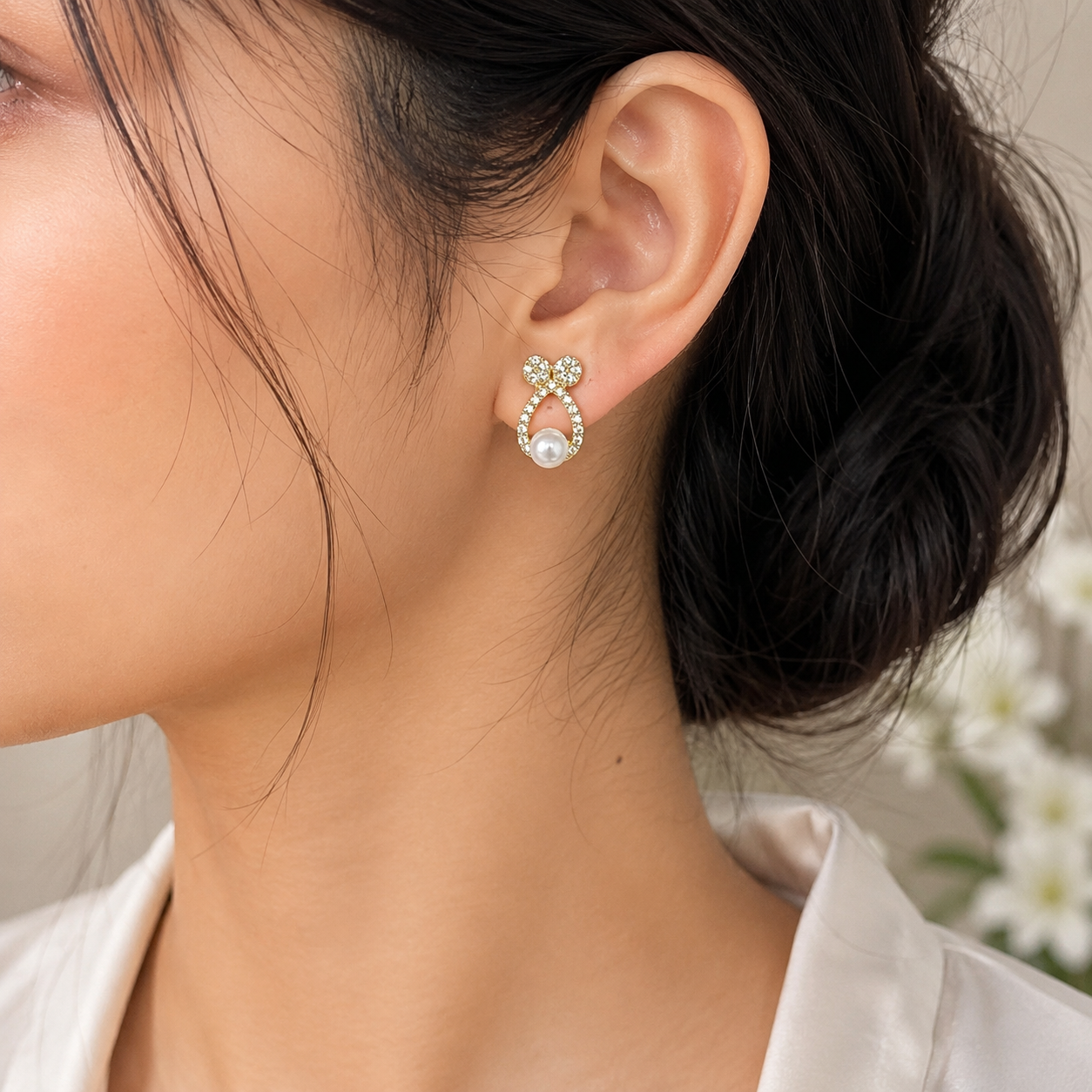 Gold Pearl Bow Drop Earrings for Women | CZ Crystal Stainless Steel Designer Earrings | Luxury Statement Earrings