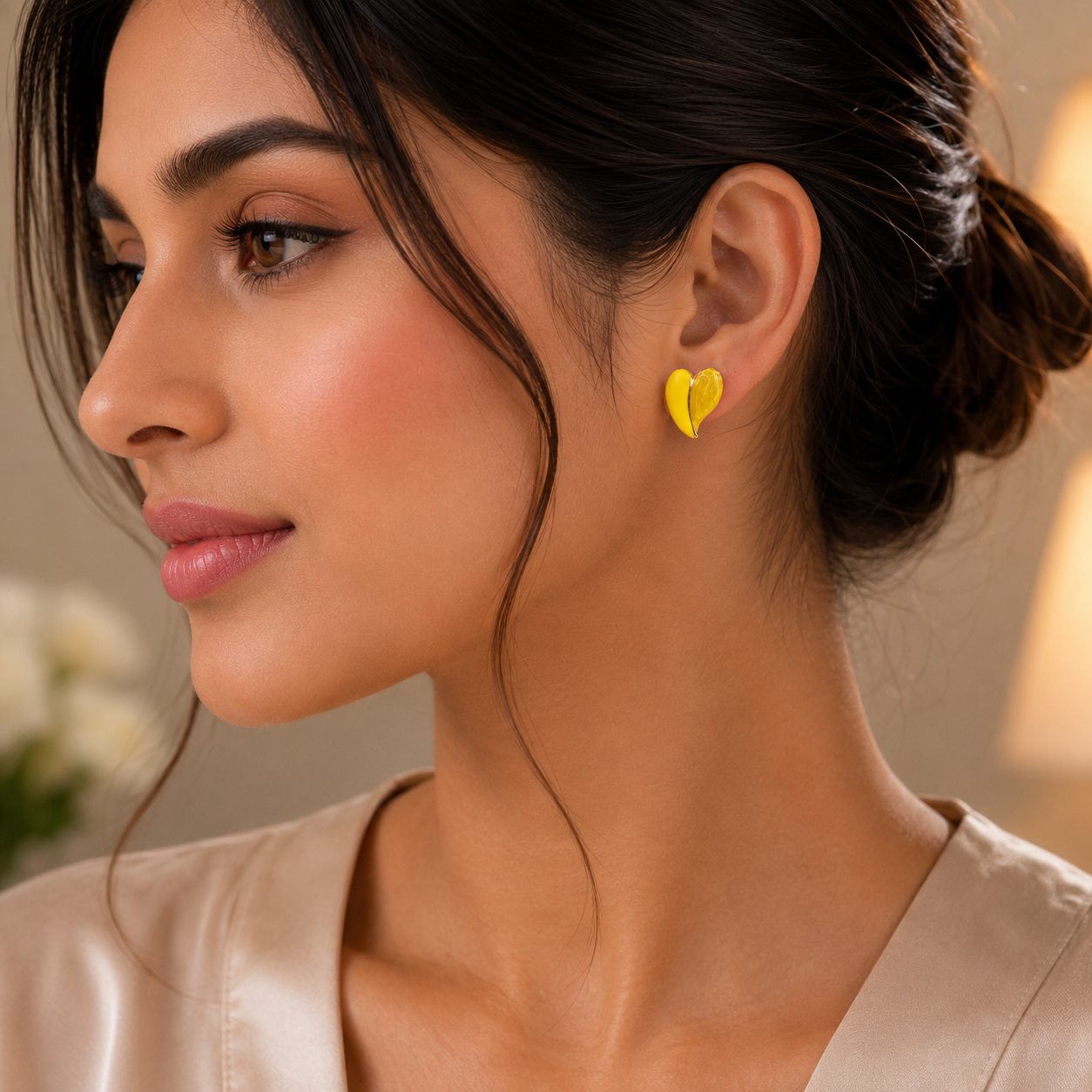 Gold Yellow Heart Stud Earrings for Women | Trendy Korean Earrings
