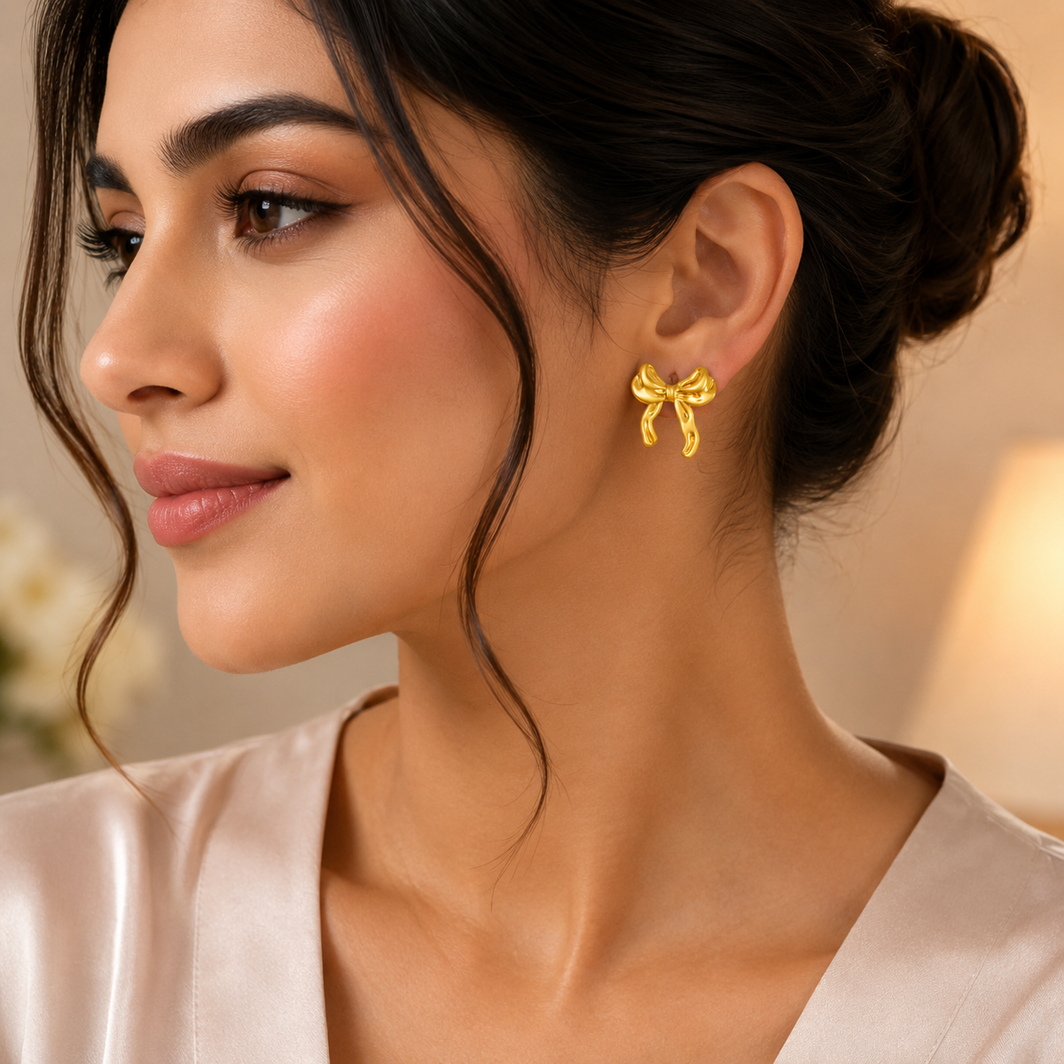 Gold Bow Stud Earrings for Women | Cute Ribbon Earrings | Minimalist Designer Earrings