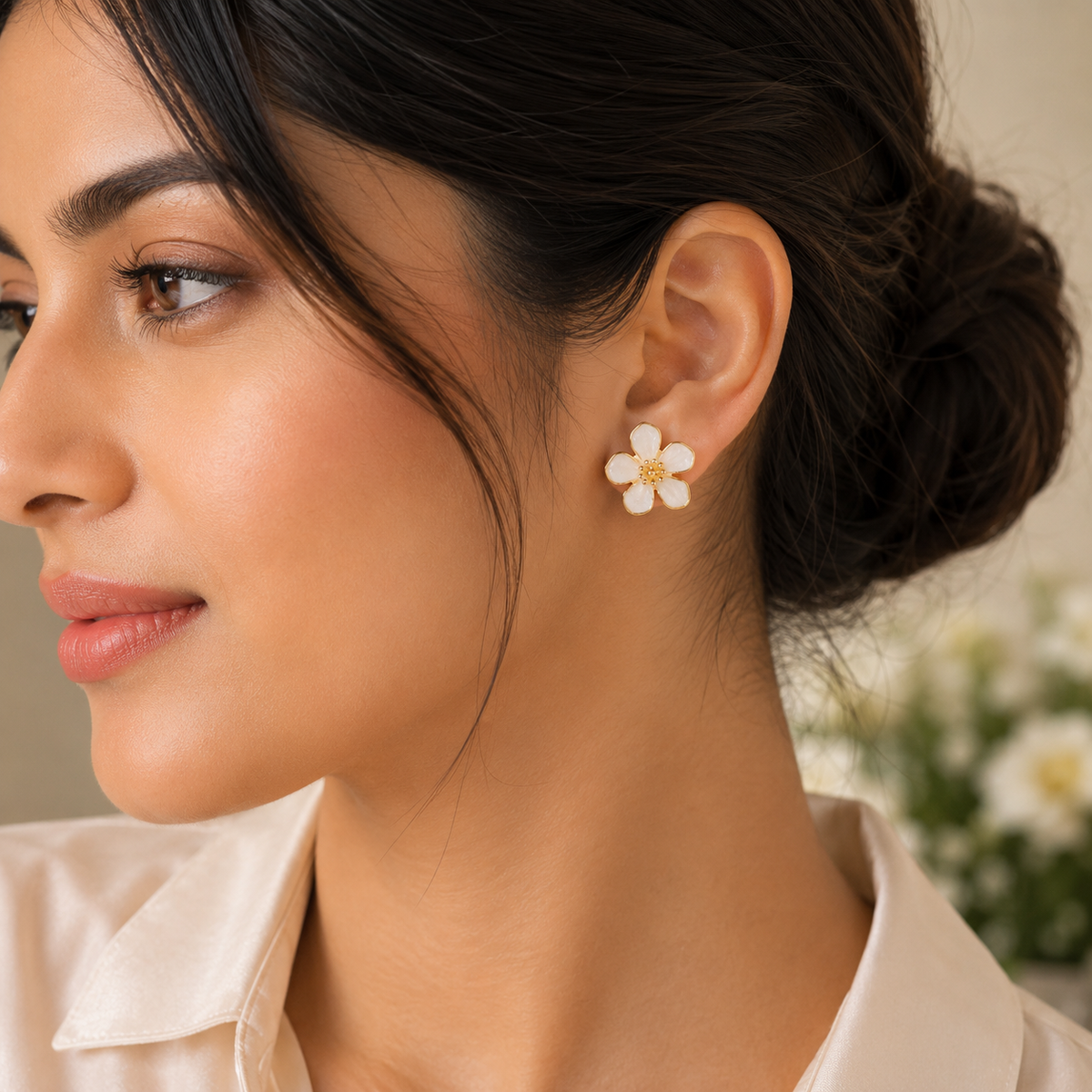 White Floral Stud Earrings for Women | Gold Plated Flower Earrings