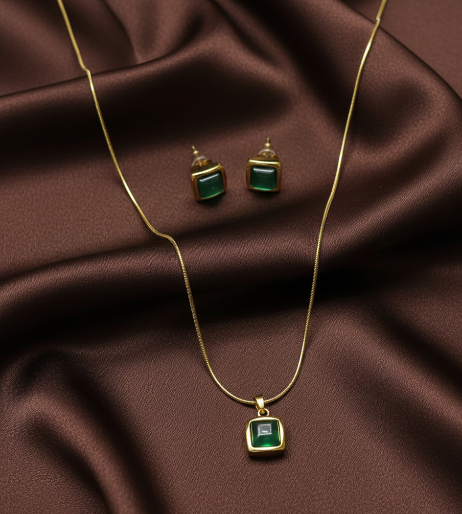 Malachite Green Square Pendant Necklace & Earrings Set