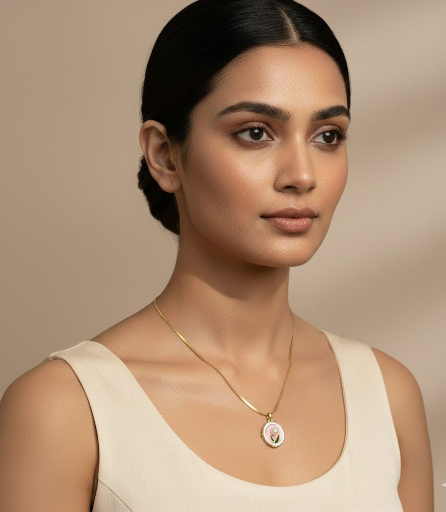 Vintage-Inspired Pink Enamel Tulip Necklace with Freshwater Pearl– Victorian Style Floral Pe