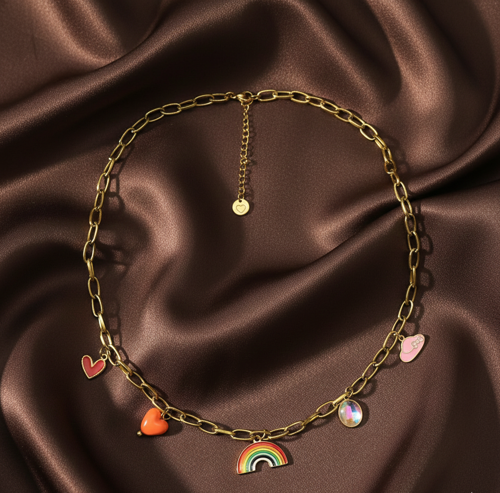 Gold Charm Necklace | Heart & Rainbow Pendant Chain | Trendy Statement Jewellery