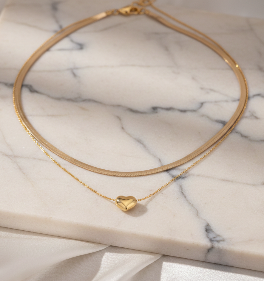 Gold Layered Necklace | Heart Pendant & Flat Chain | Trendy Minimal Jewellery