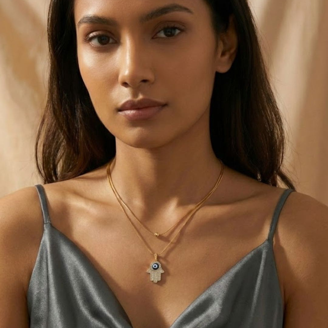 Evil Eye Hamsa Pendant Necklace | Gold Layered Chain | Trendy Protection Jewellery