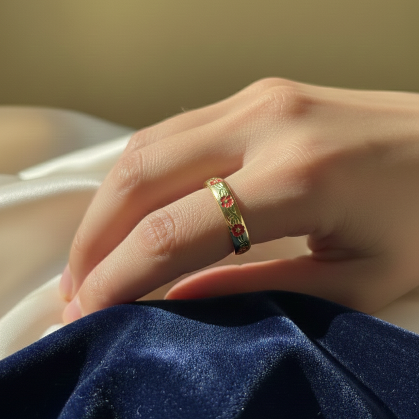 Gold Plated Floral Band Ring for Women | Vintage Enamel Flower Finger Ring | Daily Wear & Party Jewellery