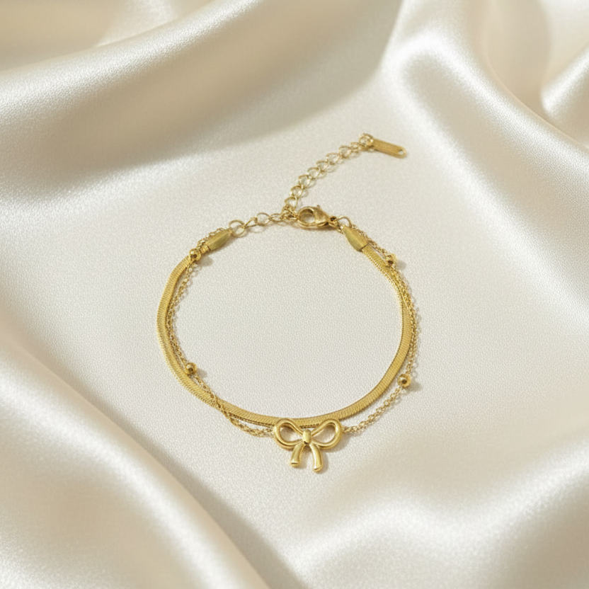 Gold Plated Dainty Bow Bracelet – Minimalist Ribbon Charm Jewelry