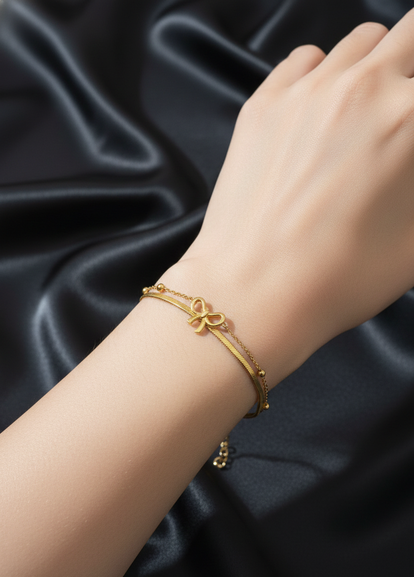 Gold Plated Dainty Bow Bracelet – Minimalist Ribbon Charm Jewelry