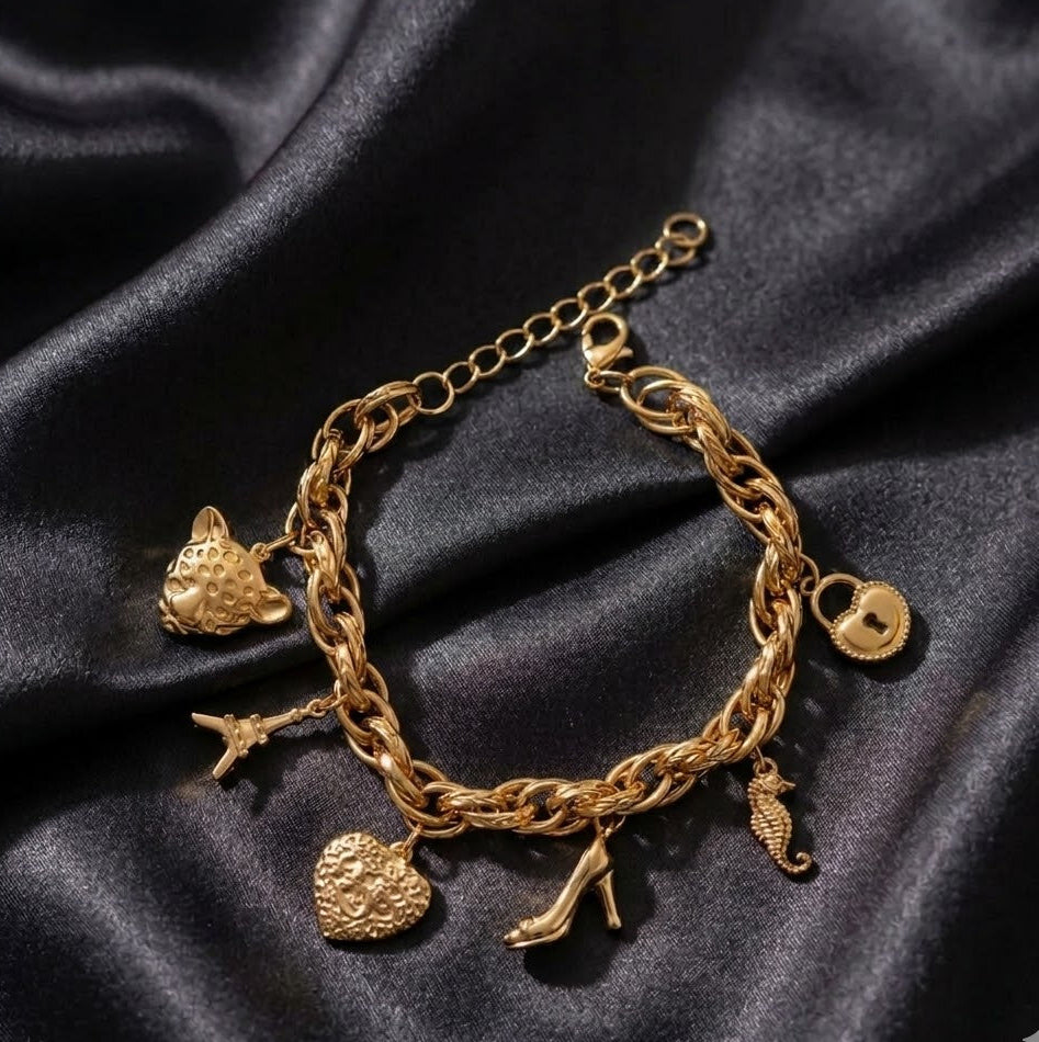 Gold Eiffel Tower Charm Bracelet - Vintage Panther & Seahorse Jewelry