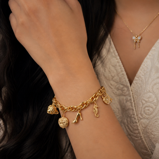 Gold Eiffel Tower Charm Bracelet - Vintage Panther & Seahorse Jewelry