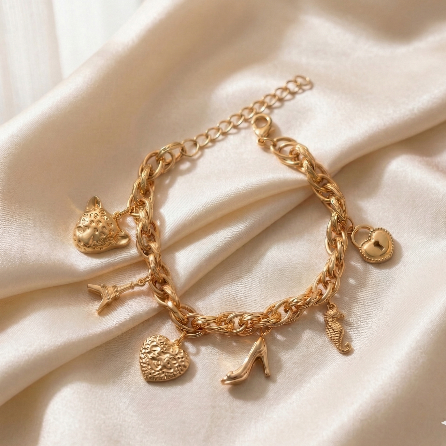 Gold Eiffel Tower Charm Bracelet - Vintage Panther & Seahorse Jewelry