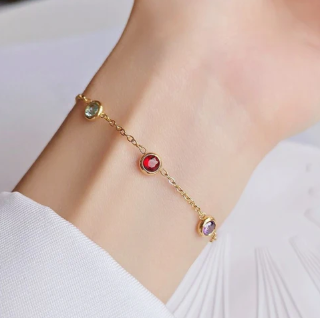 Gold Multi Color Stone Bracelet - Dainty Rainbow Bezel Station Chain