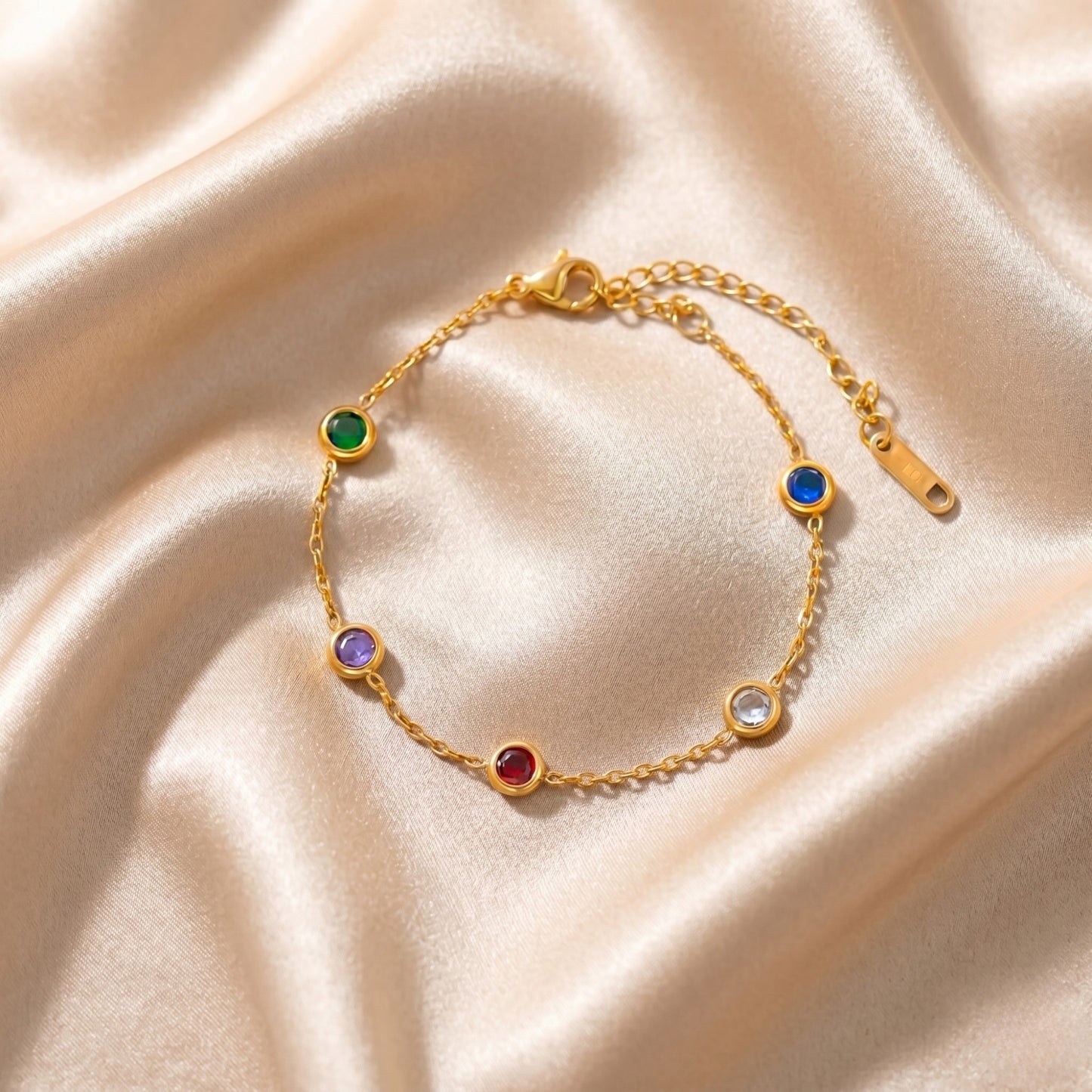 Gold Multi Color Stone Bracelet - Dainty Rainbow Bezel Station Chain