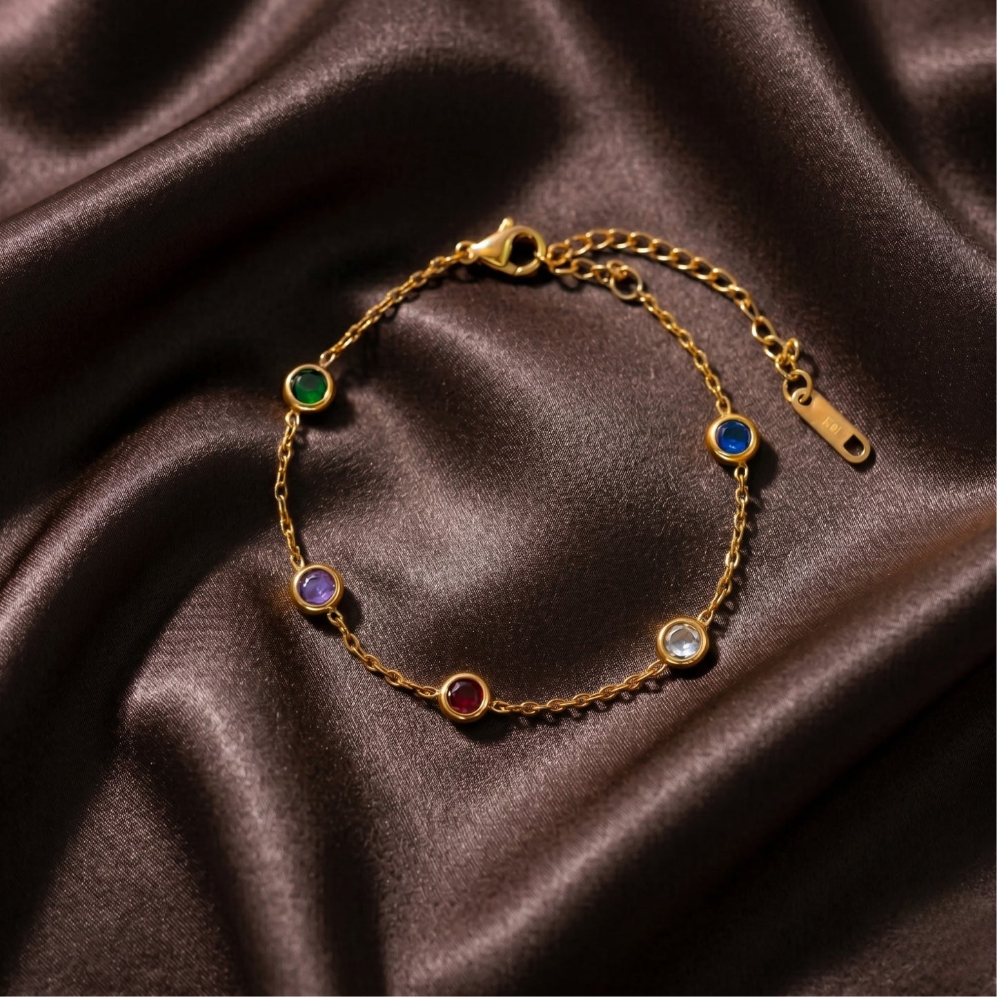 Gold Multi Color Stone Bracelet - Dainty Rainbow Bezel Station Chain