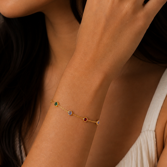 Gold Multi Color Stone Bracelet - Dainty Rainbow Bezel Station Chain