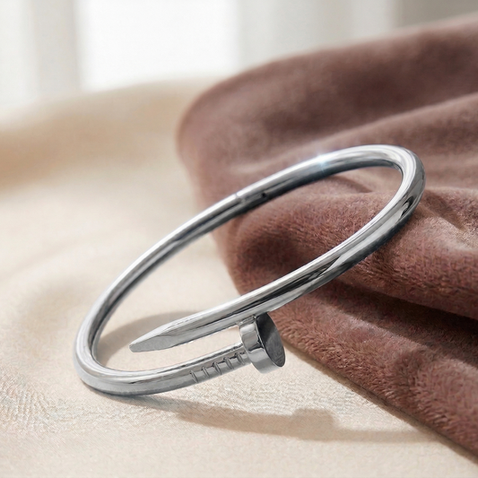 Rhodium Plated Nail Bracelet for Women | Stainless Steel Open Cuff Bangle | Luxury Minimalist Bracelet