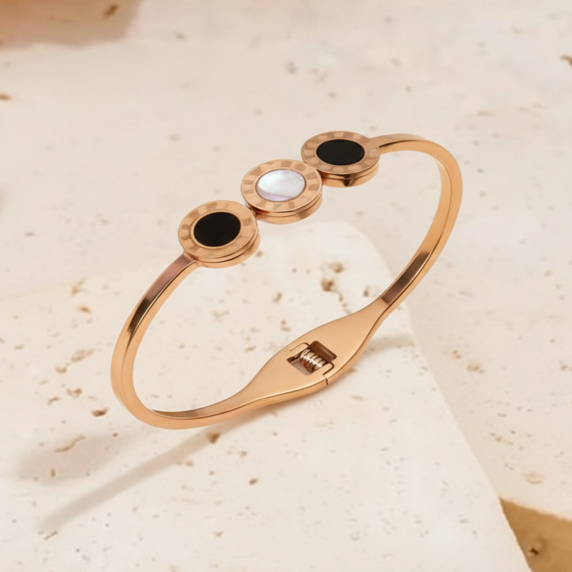rose gold plated bracelet with black onyx and mother of pearl minimalist cuff bracelet for women elegant jewelry