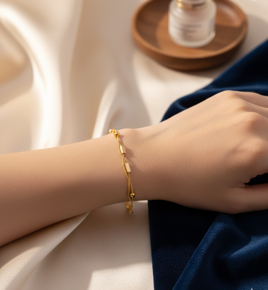 Gold Plated Double Layered Snake Chain Bracelet – Dainty Bow Charm
