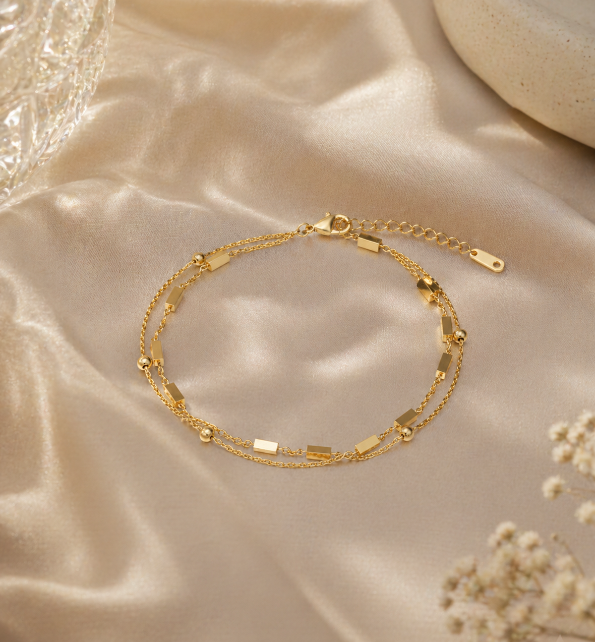 Gold Plated Double Layered Snake Chain Bracelet – Dainty Bow Charm