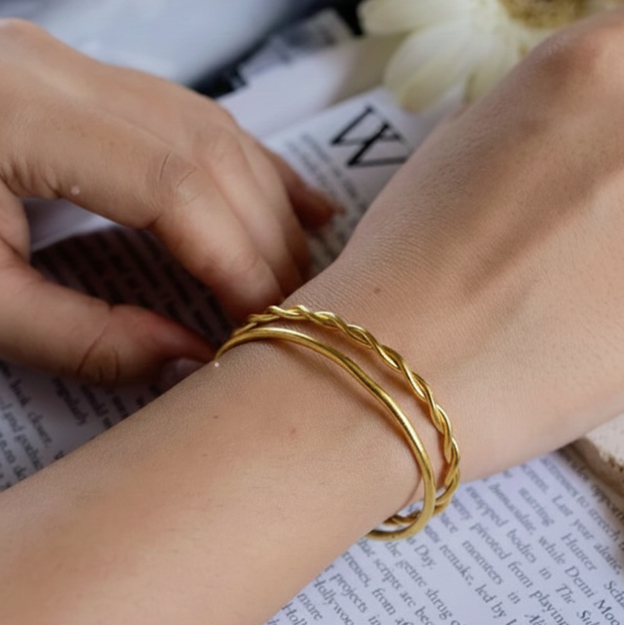 Gold Plated Twisted Double Layer Cuff – Minimalist Rope Bangle