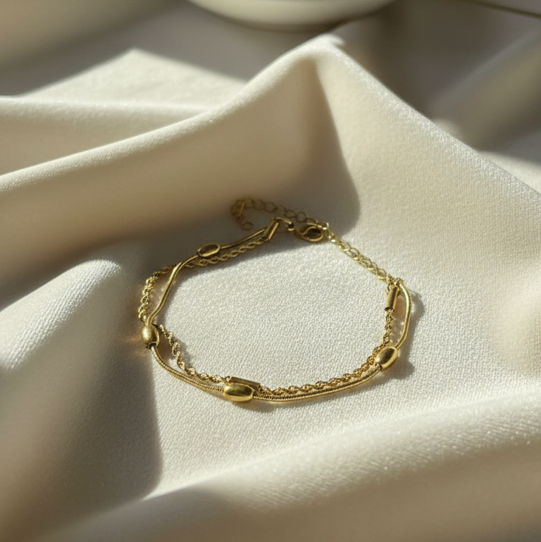 Gold Plated Heart Charm & Satellite Chain Bracelet – Dainty Minimalist Stacking Jewelry