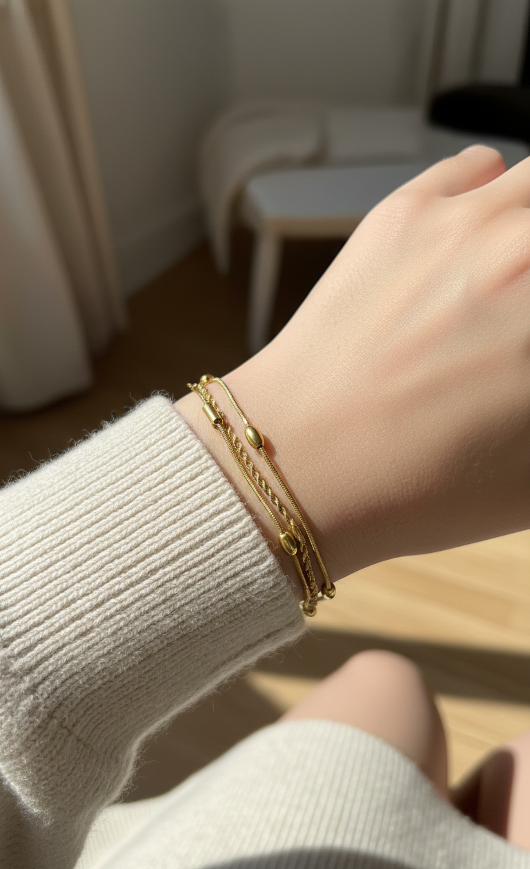 Gold Plated Heart Charm & Satellite Chain Bracelet – Dainty Minimalist Stacking Jewelry