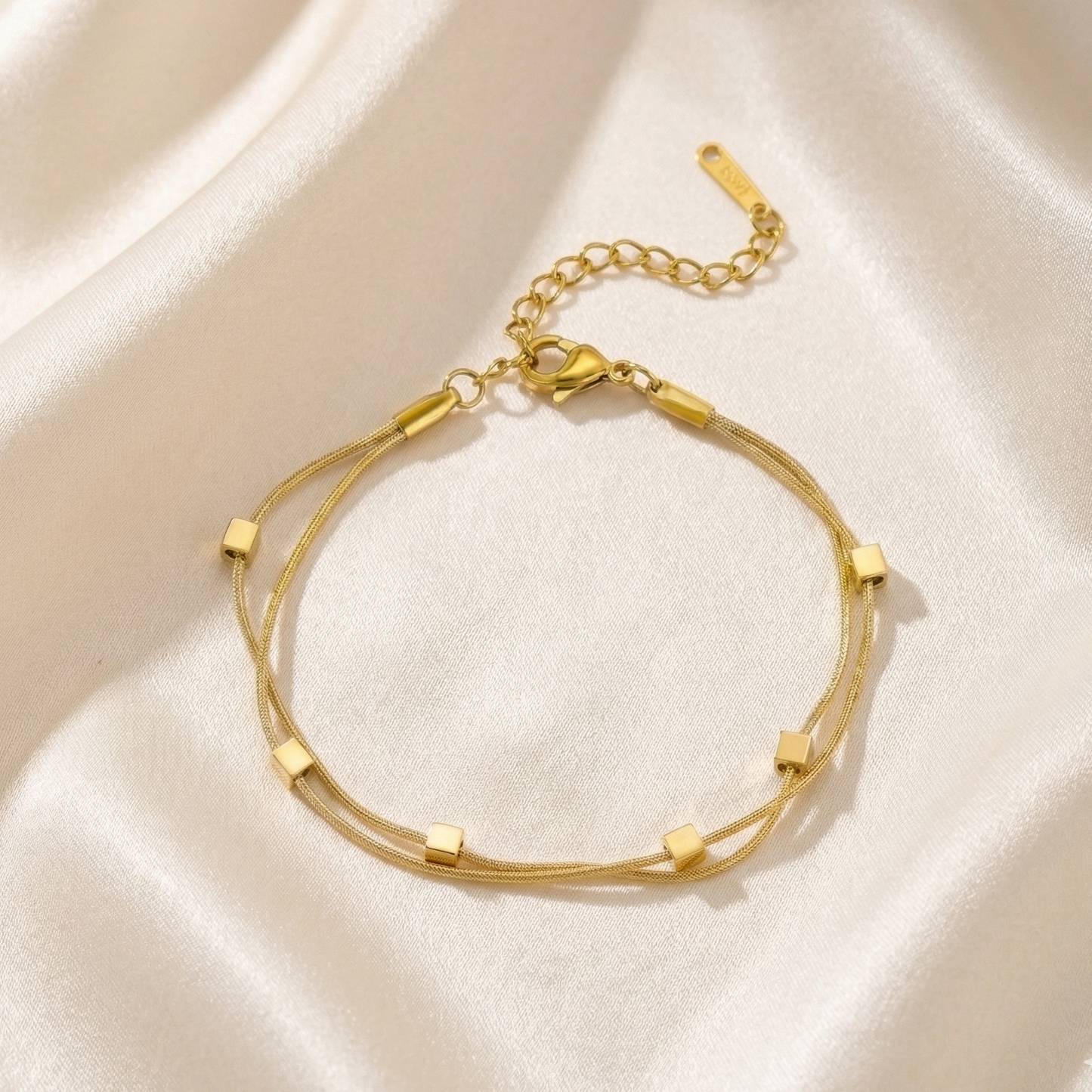 Gold Plated Heart Charm & Satellite Chain Bracelet – Dainty Minimalist Stacking Jewelry