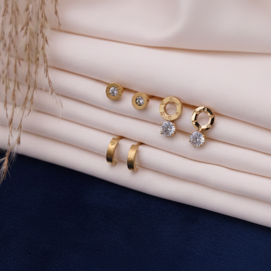 Gold-Plated Multi Design Stud Earrings Combo for Women | Heart, Square, Pearl & Minimal Daily Wear Earrings Set
