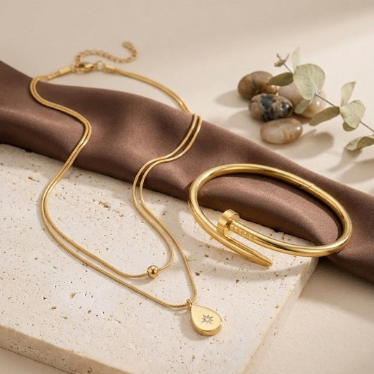 Minimalist Gold Layered Pendant Necklace & Nail Bangle Bracelet Set
