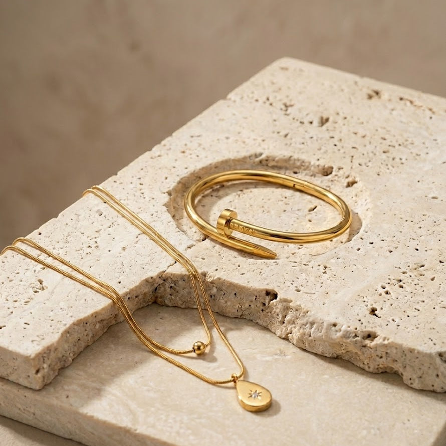 Minimalist Gold Layered Pendant Necklace & Nail Bangle Bracelet Set