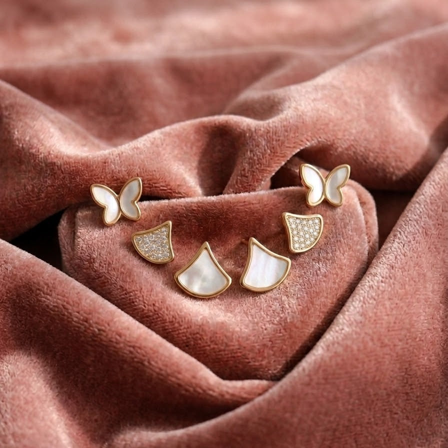 Gold Mother of Pearl Butterfly Earring Set