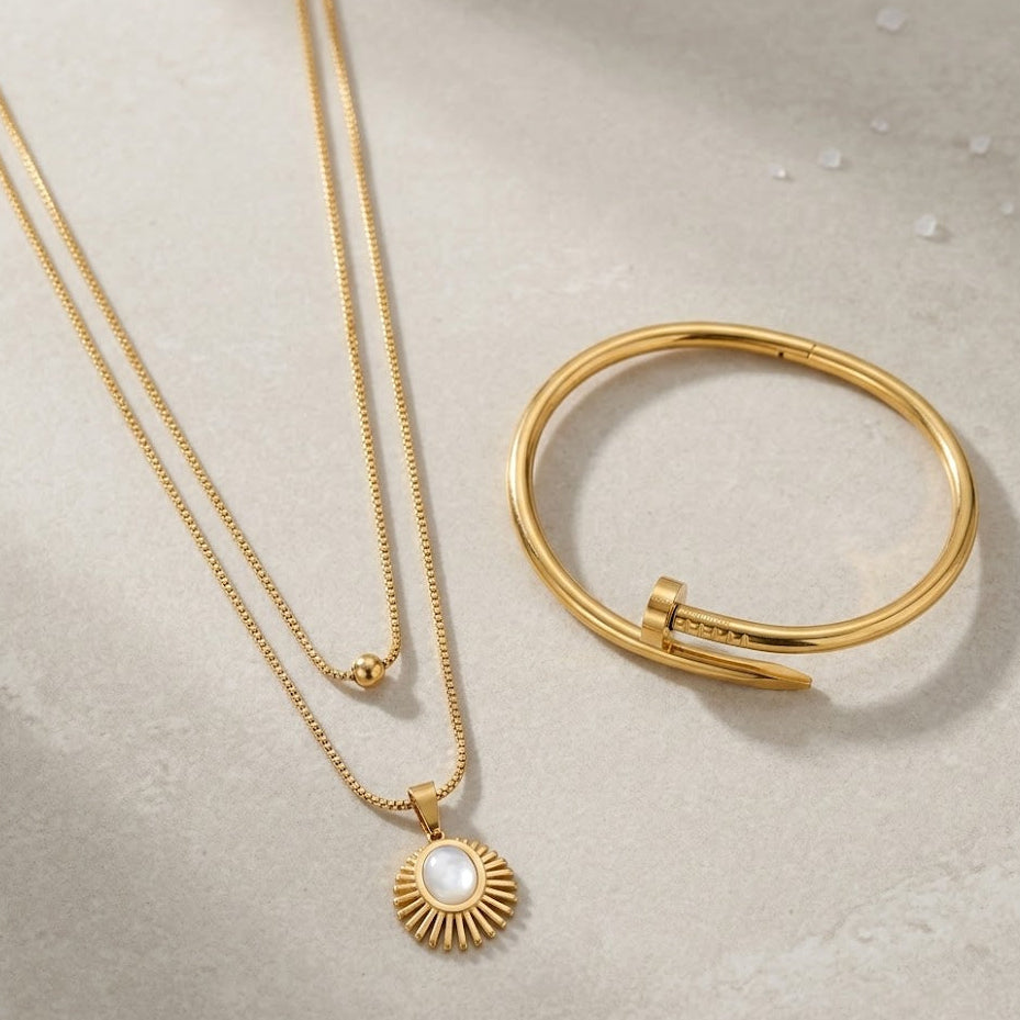Gold Layered Sun Pendant Necklace with Nail Bangle Bracelet Set