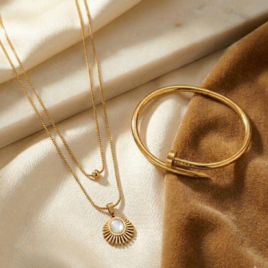 Gold Layered Sun Pendant Necklace with Nail Bangle Bracelet Set