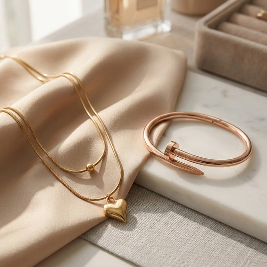 Gold Heart Layered Necklace with Rose Gold Nail Bangle Bracelet Set