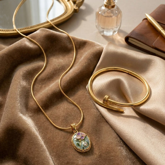 Floral Gold Pendant Necklace & Nail Bracelet Combo Set