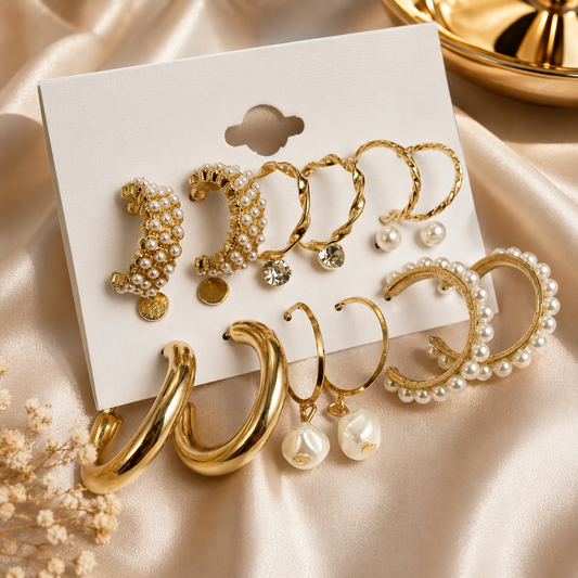 Gold Hoop Earrings Set for Women | 9 Pair Pearl & Crystal Stainless Steel Earrings | Trendy Multipack Earrings