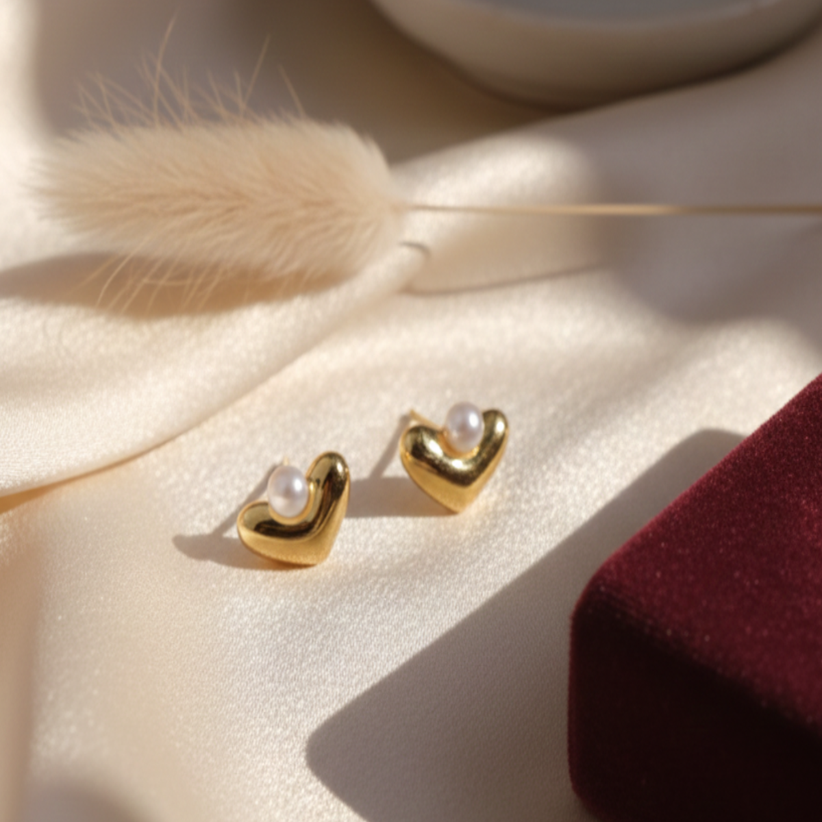 Gold-Plated Heart Design Pearl Stud Earrings