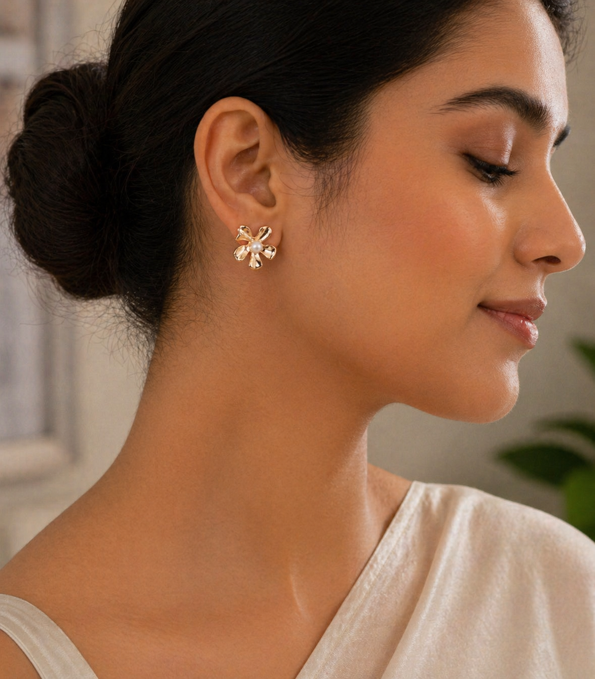 Gold Finish Floral Stud Earrings for Women | Elegant Flower Design Daily Wear Earrings