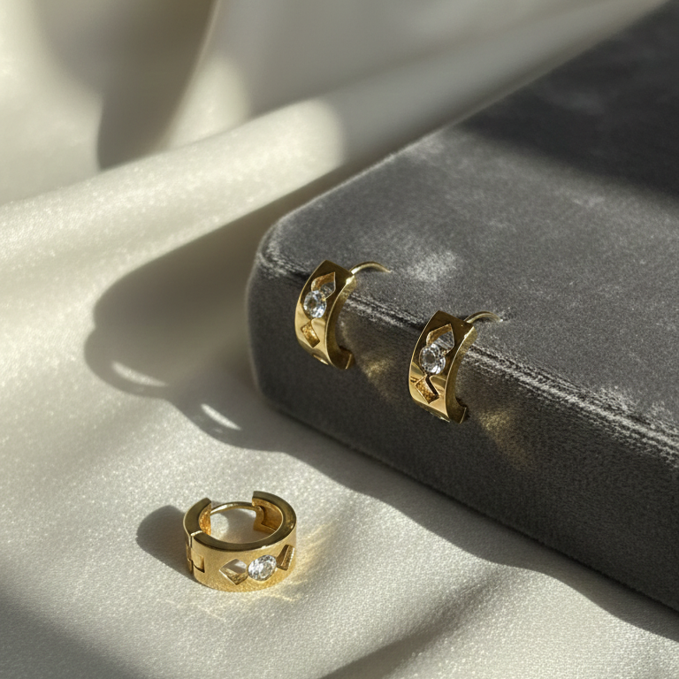 Gold Plated U-Shaped Huggie Hoop Earrings for Women – Small Rectangular Pave Cubic Zirconia Geometric Earrings