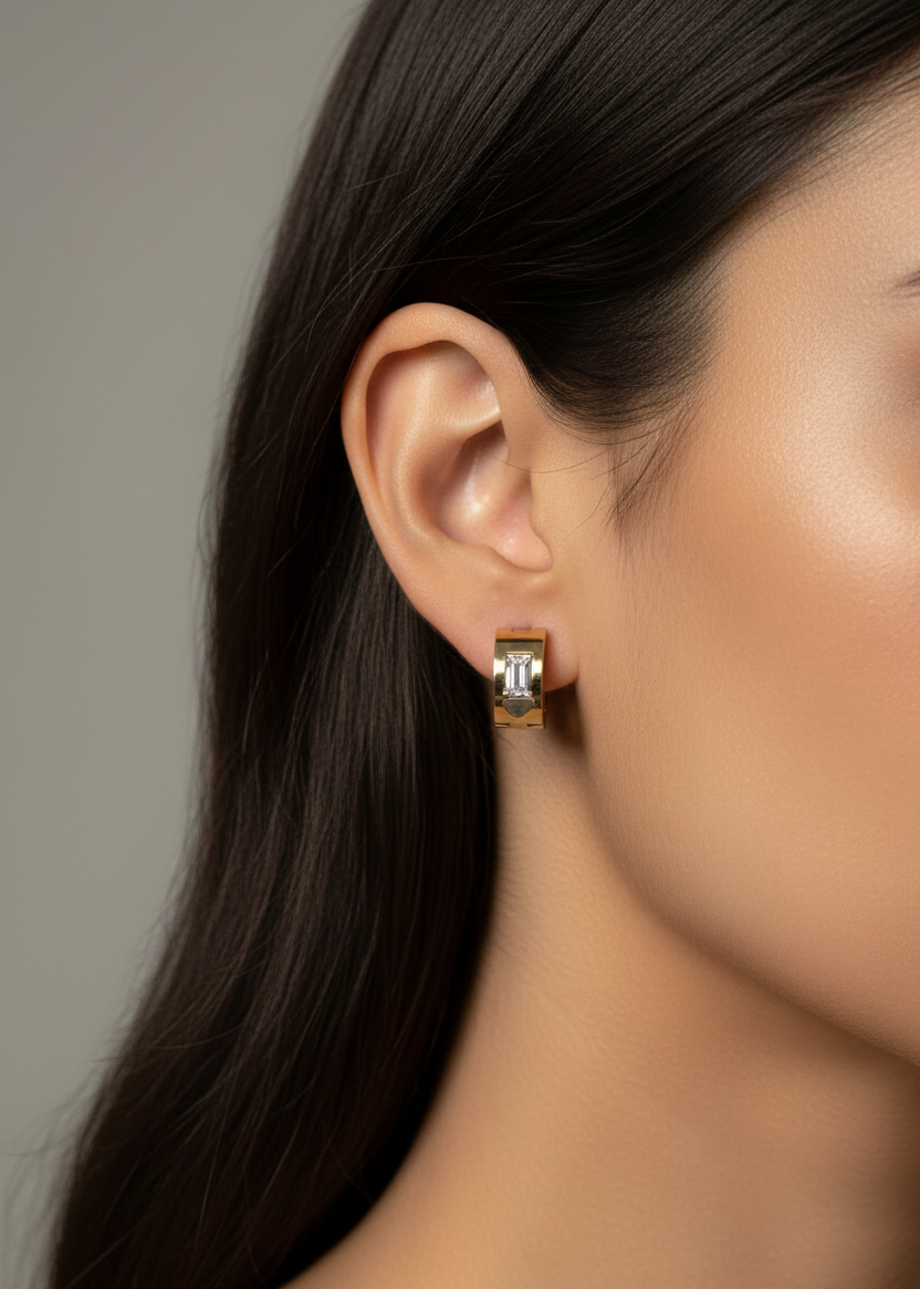 Gold Plated U-Shaped Huggie Hoop Earrings for Women – Small Rectangular Pave Cubic Zirconia Geometric Earrings