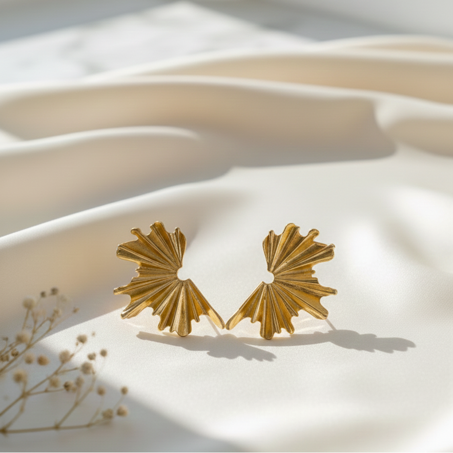 Gold Finish Fan Shape Stud Earrings for Women | Textured Statement Daily Wear Earrings