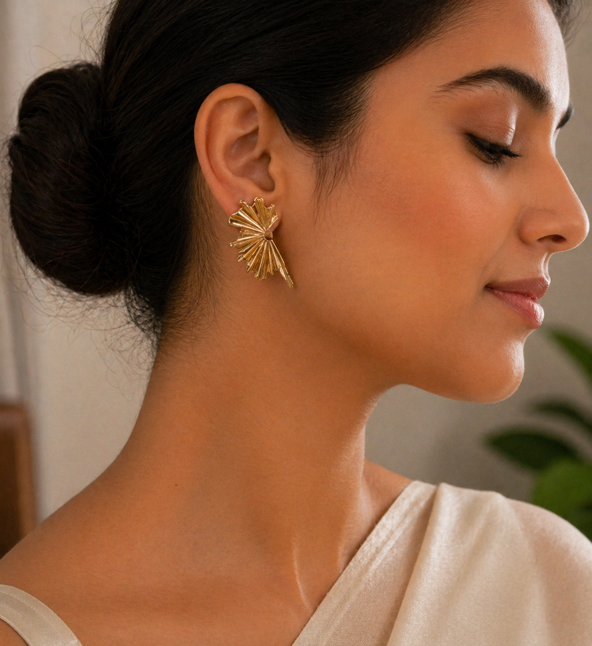 Gold Finish Fan Shape Stud Earrings for Women | Textured Statement Daily Wear Earrings