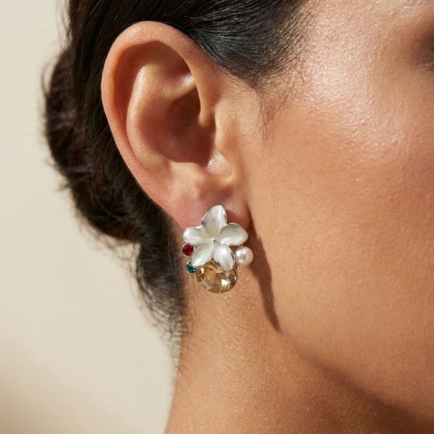 Elegant Floral Pearl and Stone Stud Earrings for Women
