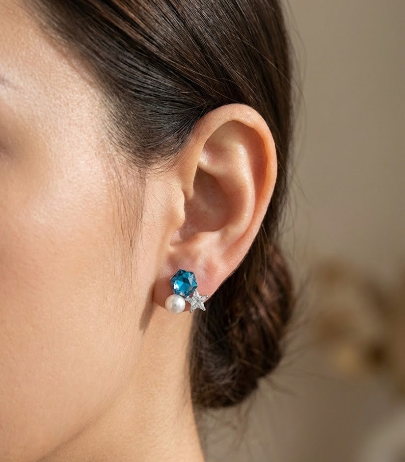 Elegant Crystal and Pearl Drop Earrings with Star Accents